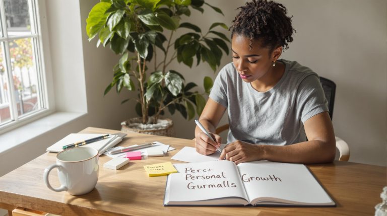 Young adult journaling at desk with 'Personal Growth' note for motivation