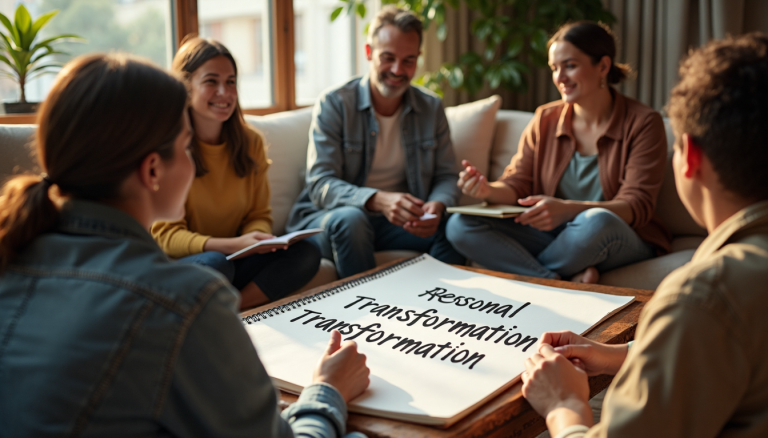 Diverse group discussing spiritual growth with 'Personal Transformation' written in foreground