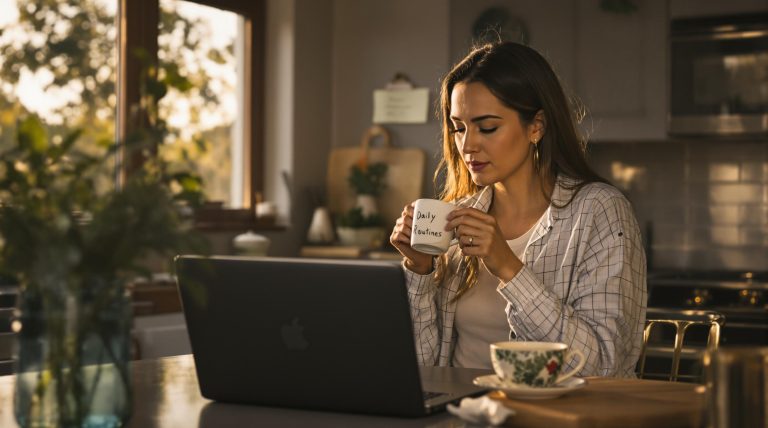 Woman tracking daily habits at kitchen table with 'Daily Routines' note