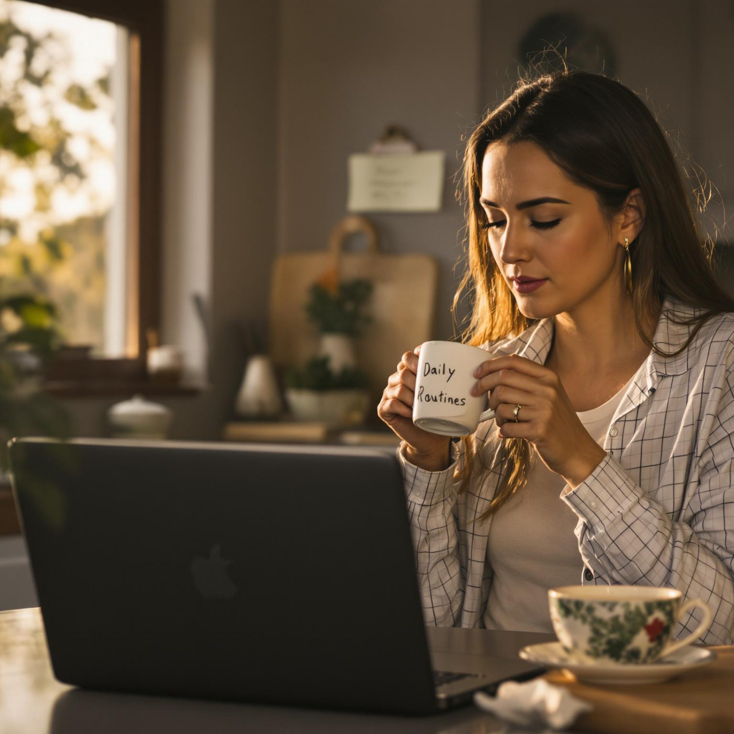 Woman tracking daily habits at kitchen table with 'Daily Routines' note
